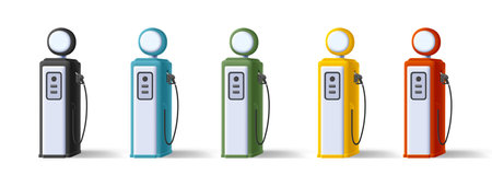 Retro style Gas station illustration with round price board and hose, 3d soft render style graphics...