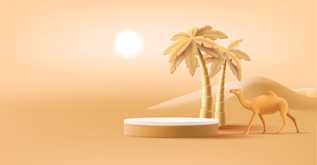 Sahara desert landscape background with pempty product podium and palm trees and camel, hot sunのイラスト素材