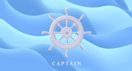 White Sailing steering wheel icon with blue waves fluid background, modern logo design, 3d render styleのイラスト素材