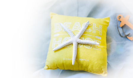 Holiday travel concept - summertime: starfish, toy pillow, anchorの写真素材