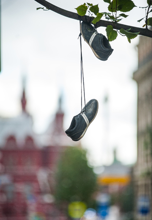 2017 - OCTOBER 7, Russia Moscow: sneakers hanging on a tree branch. One of symbol of anti-corruption fight. Sneakers Nike  are shoes that became first evidence in Alexei Navalny investigation in the film âHe is not Dimon to Youâ about Dmitry Medvedev,のeditorial素材