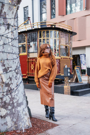 Smiling red-haired woman at a European-style Christmas market during the day, Tbilisi, Georgiaの写真素材