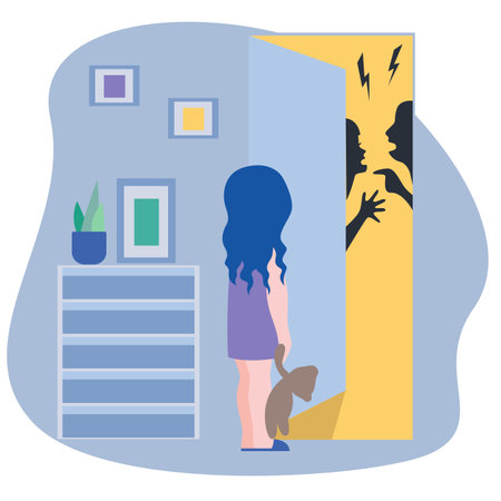Little frightened girl are watching her parents shouting and quarrelling. Violence in a family concept banner flyer or landing page.Angry parents. Wrong education, children psychological trauma.のイラスト素材