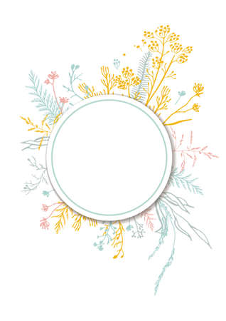 Botanical trendy vector. Card template with Hand drawn line herb. Minimalistic design with bunch of flower, grasses, leaves on white backgroundのイラスト素材