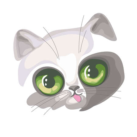 Vector illustration of a beautiful cat. Big cat's eyes close-up. The Face Of The Cat With A Mustache Shows Its Tongue. Image For Children's Clothing, T-shirts, Fabrics, Textiles.のイラスト素材