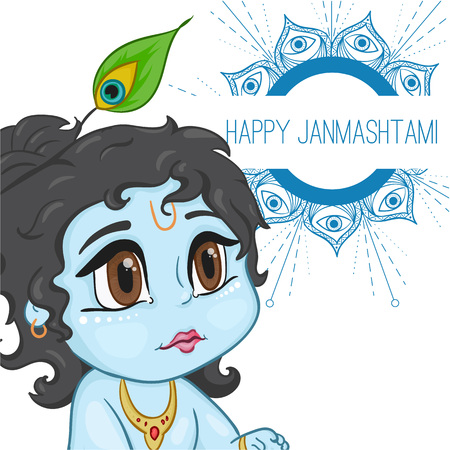 Hand drawn little baby god Krishna in anime style. With a pot of porridge with mandala words happy janmashtami. Cute baby blue with black hair and brown eyes from India.のイラスト素材
