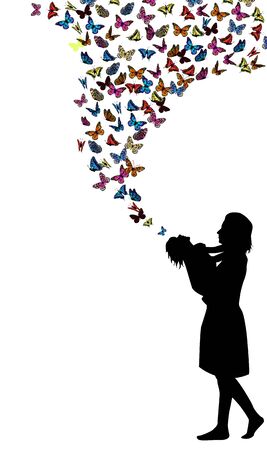 Silhouette of mother with daughter in her arms with butterflies. Vectorのイラスト素材