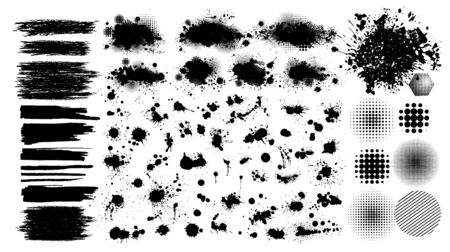 Set of blots. Black spots of paint on a white background. Grunge frame of paint. Vector illustration.のイラスト素材