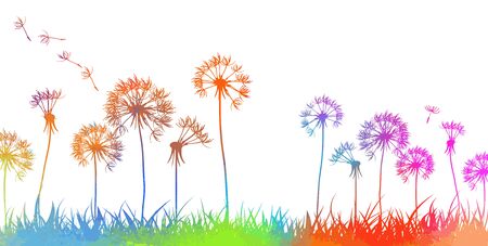 Colorful dandelions. Abstraction of a meadow with rainbow flowers. Vectorのイラスト素材