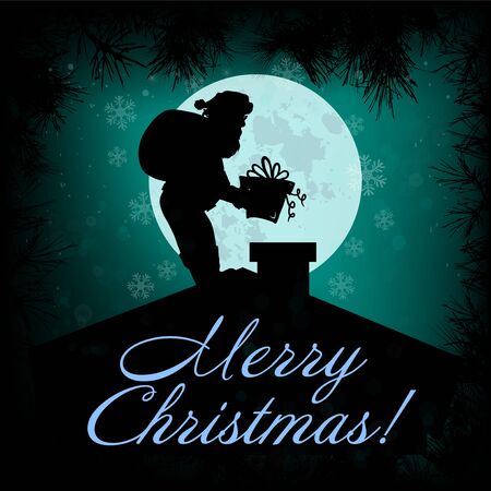 Santa Claus on the roof with a gift. Merry Christmas. Greeting card. Vectorのイラスト素材