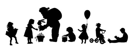 The silhouette of Santa Claus gives a gift to the girl. Silhouettes of children for the new year. Vector illustrationのイラスト素材