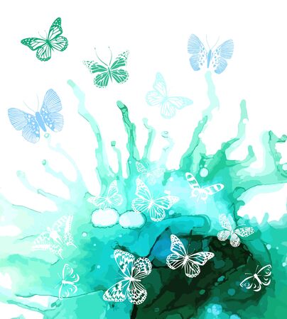 Abstract watercolor background with butterflies. Vector illustrationのイラスト素材