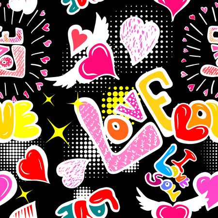 A seamless background of love. Graffiti. Print with hearts. Happy Valentines Day. Vector illustrationのイラスト素材