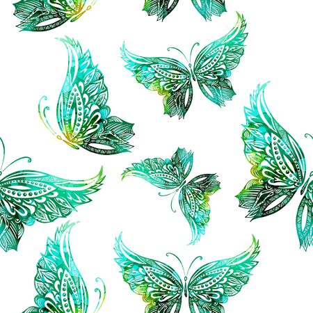 Blue flying butterflies in watercolor. Mixed media. Vectorのイラスト素材