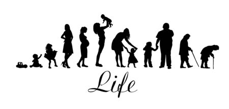 Silhouettes of people. The cycle of life. Silhouettes of women from birth to old age. Vector illustrationのイラスト素材