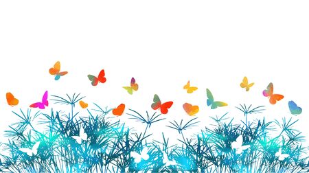 silhouette of grass on white background. Multi-colored butterflies. Vector illustrationのイラスト素材