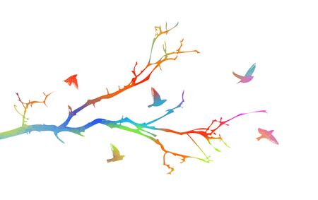 A tree branch without leaves with flying birds. Vector illustrationのイラスト素材