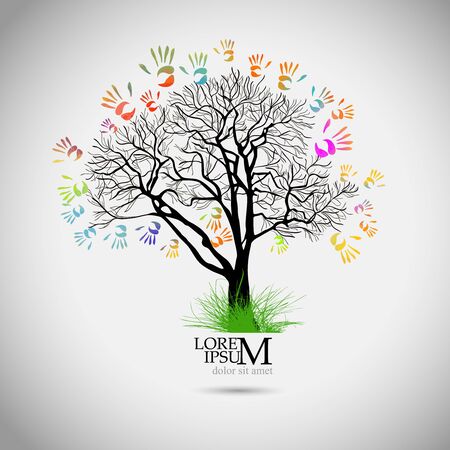 Vector Illustration of an Abstract Tree with Colorful Hand Printsのイラスト素材