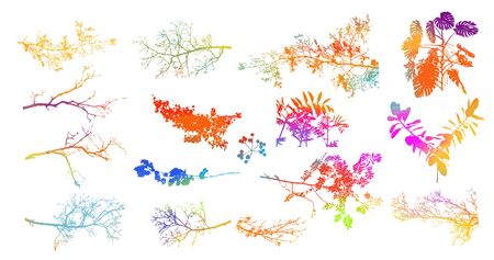 Set of tree branches with colorful leaves. Mixed media. Vector illustrationのイラスト素材