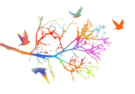 A tree branch without leaves with flying birds. Vector illustrationのイラスト素材