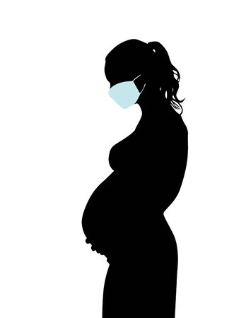 The silhouette of a pregnant woman in a medical mask. Vector illustrationのイラスト素材