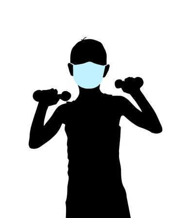 Silhouette boy goes in for sports. Boy with dumbbells in a medical mask. Vectorのイラスト素材