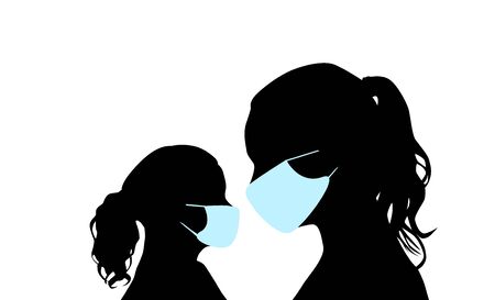 Silhouette mother with daughter in medical masks. Happy family in quarantine. Vectorのイラスト素材