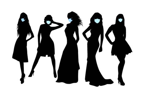 Silhouette of a woman in a medical mask. Girl in profile. Respiratory protection concept. Vector illustrationのイラスト素材