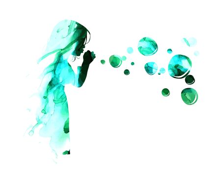 Silhouette of a girl blowing soap bubbles. Vector illustration