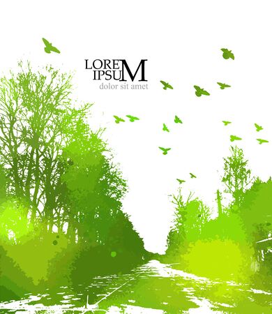 The silhouette of the landscape of nature. Colorful trees. Mixed media. Vector illustrationのイラスト素材