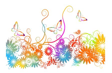 A multi-colored floral abstraction with rainbow butterflies. Vector illustrationのイラスト素材