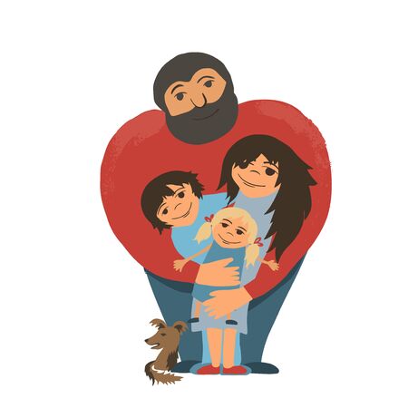 Happy Dad holding his son and daughter. A happy family. Vector illustration of a flat design.のイラスト素材