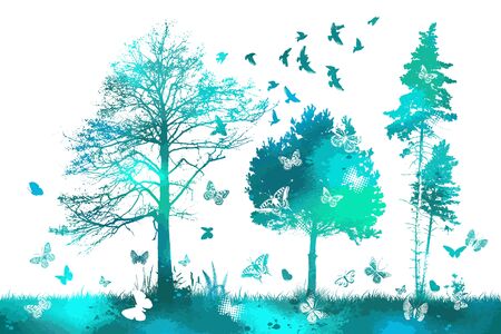 A rainbow landscape with trees, butterflies and birds. Vector illustrationのイラスト素材