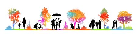 Family silhouettes on the nature. Vector illustrationのイラスト素材