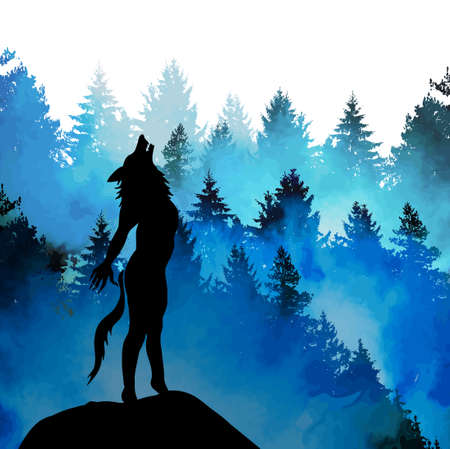 Halloween background with werewolf howling in moonlightのイラスト素材