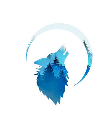 The wolf symbol howling on the moon. Vector illustrationのイラスト素材