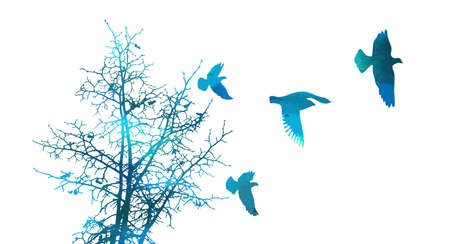 Vector silhouettes of a pigeon flock flying to a tree roost