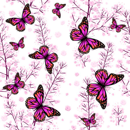 Small pink flowers with butterflies seamless background. gypsophila pattern.のイラスト素材