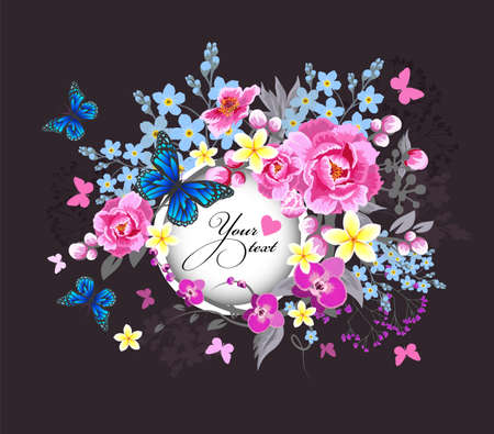 Beautiful floral frame with pink flowers. Vector illustrationのイラスト素材