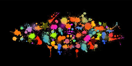 Multi-colored spots of paint on a black background. Mixed media. Vector illustration.