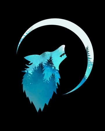 The wolf symbol howling on the moon. Vector