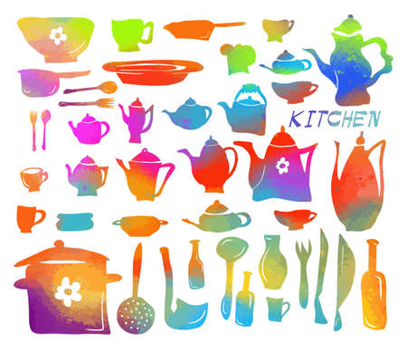 A set of multi-colored kitchen utensils. Vector illustrationのイラスト素材