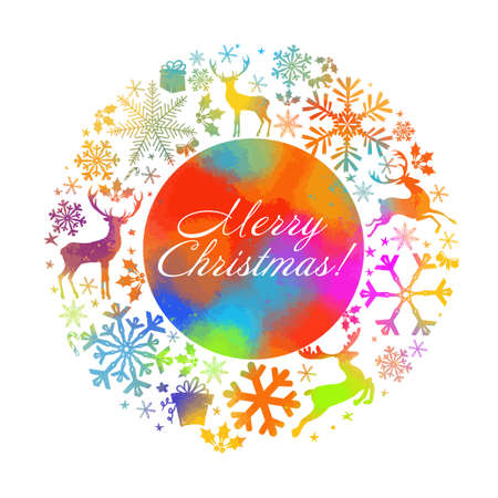 Merry Christmas and Happy New Year gold frame decoration with deer, nature and holiday ornaments. EPS10 vector.のイラスト素材