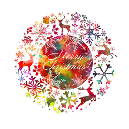 Merry Christmas and Happy New Year gold frame decoration with deer, nature and holiday ornaments. EPS10 vector.のイラスト素材