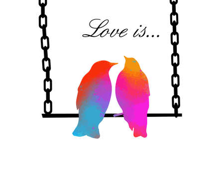 Two birds in love sit on a swing. Vector illustrationのイラスト素材