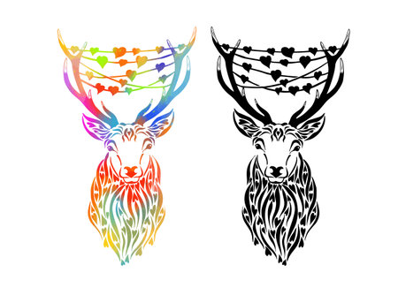 Rainbow Deer with hearts on the horns. Happy Valentines Day. With love. Vector illustrationのイラスト素材