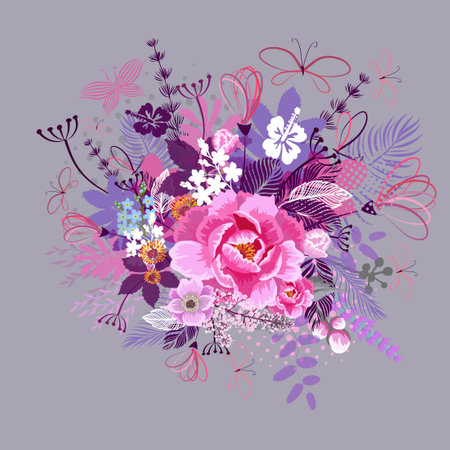 Beautiful rich bouquet of flowers. Festive postcard. From 8 March. Happy Mothers Day. Vector illustrationのイラスト素材