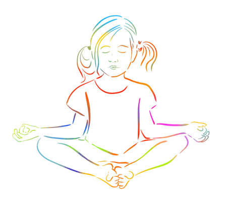 Cute little happy girl doing zen position on yoga mat isolated on white backgroundのイラスト素材