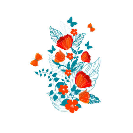 Bouquet with red flowers and blue leaves. Vector illustrationのイラスト素材