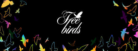 A flock of flying birds. Horizontal frame of colorful birds. Mixed media. Vector illustrationのイラスト素材